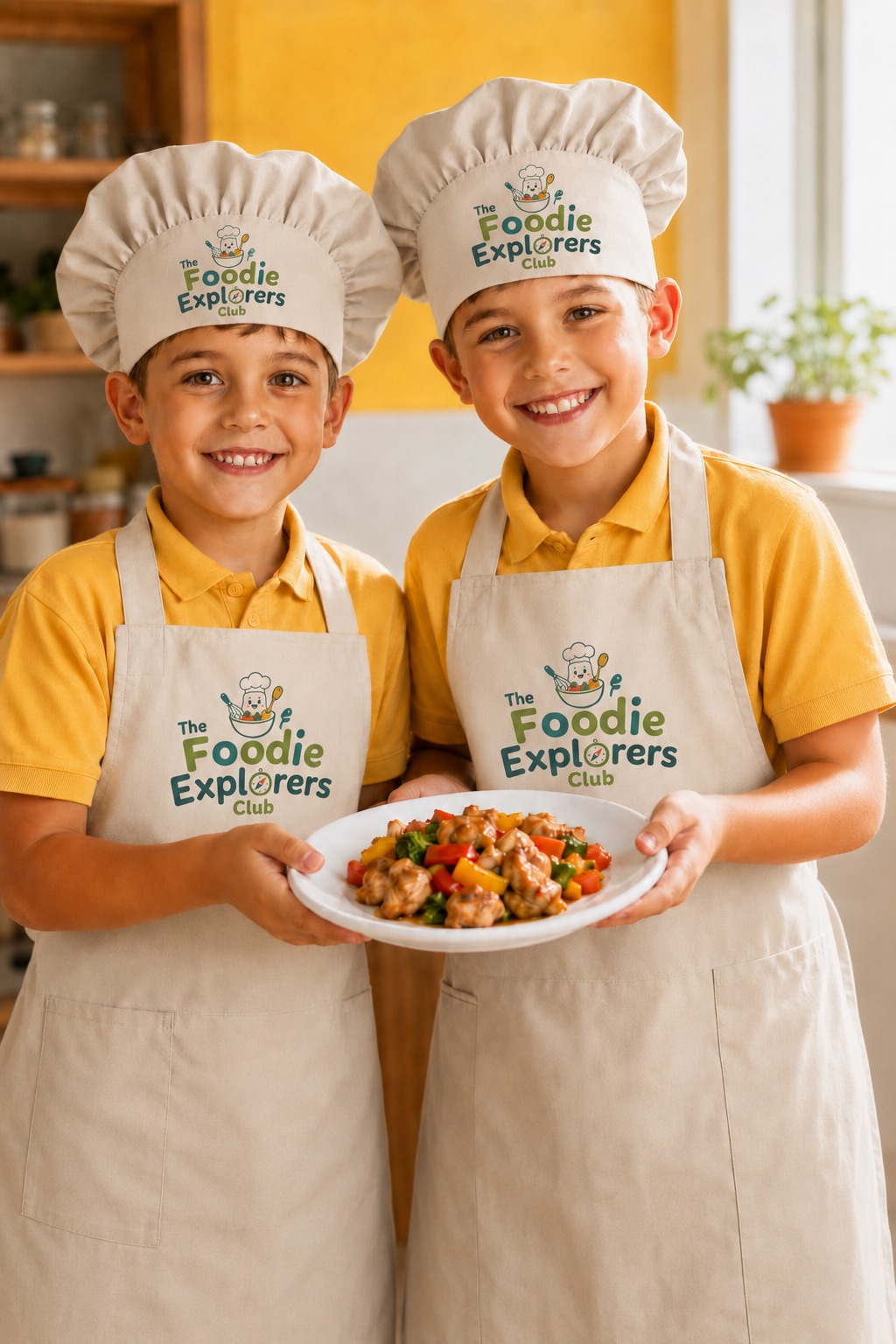 Two young Foodie Explorers wearing the club's branded chef hats and aprons, proudly presenting the colourful dish they cooked.