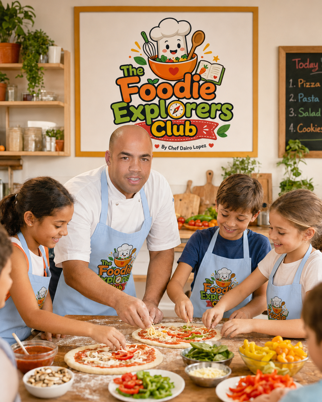 Chef Dairo Lopez, in a white chef's jacket, guiding three primary-school children as they stretch pizza dough on a wooden worktop in a warm, sunlit kitchen.